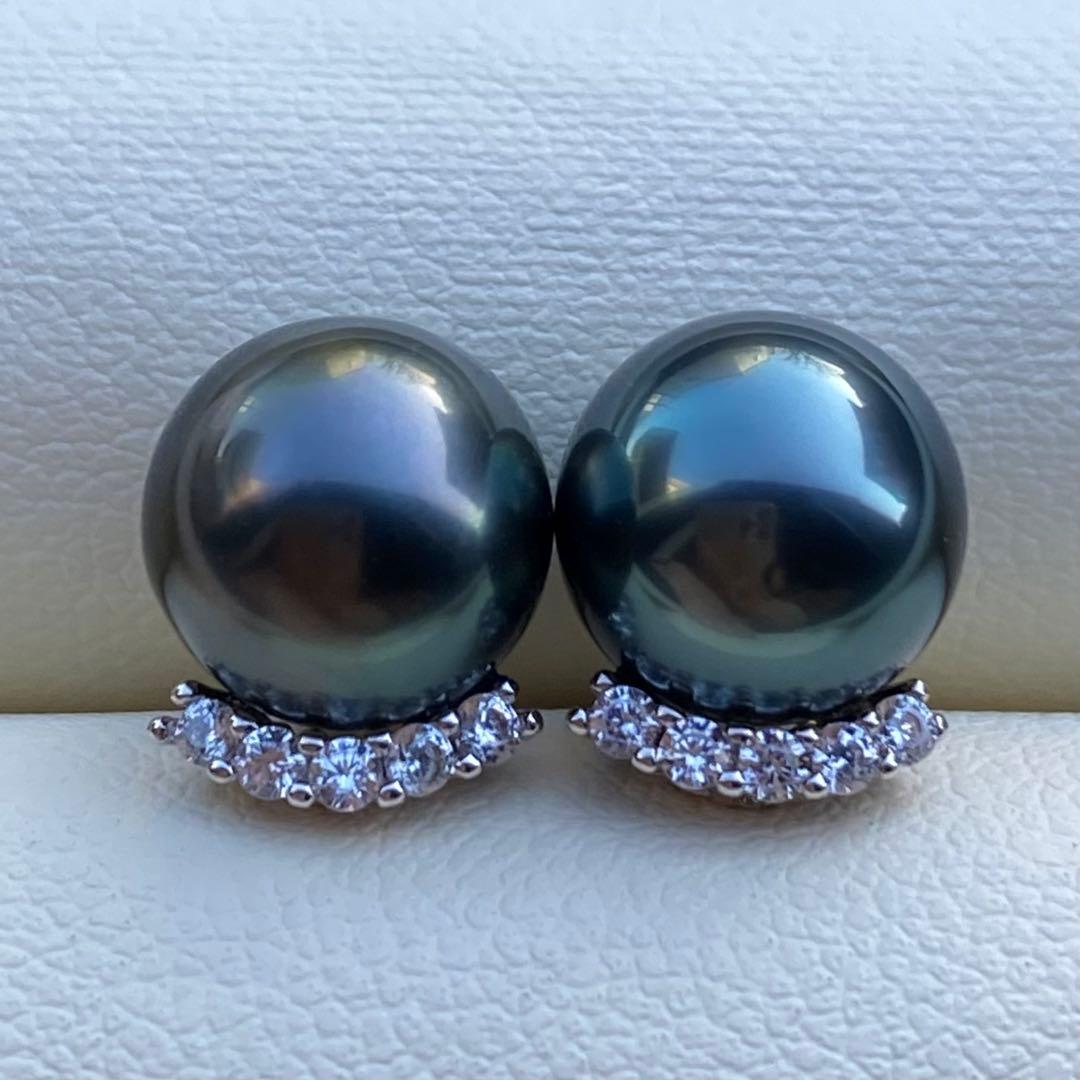 本真珠　南洋黒蝶真珠タヒチパール直結タイプピアス　8.8mmグリーンP1189