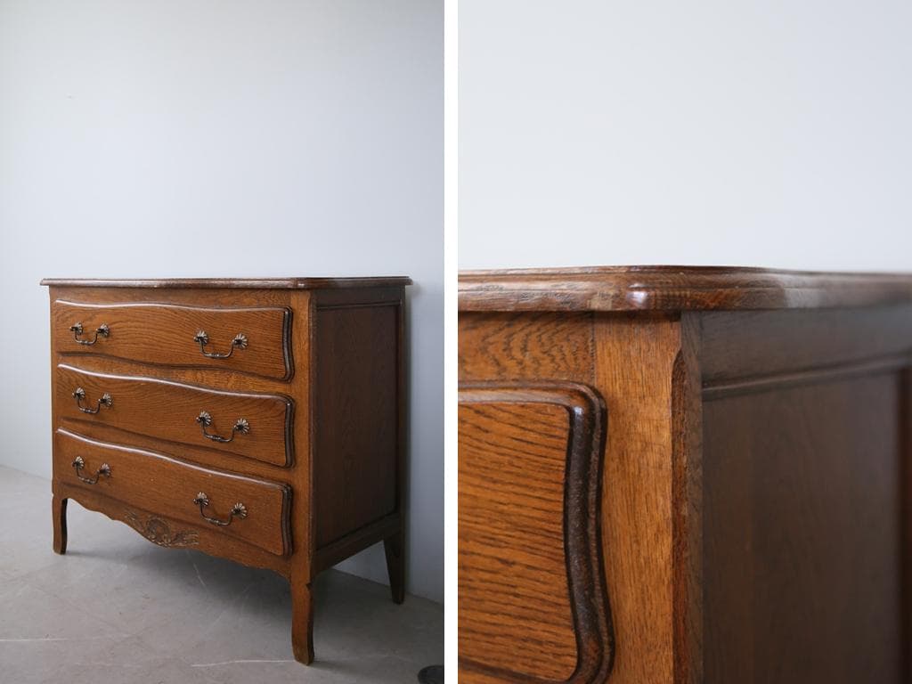 フランスアンティーク猫脚3杯ドロワー/木製チェスト/タンス/飾り棚(90-152