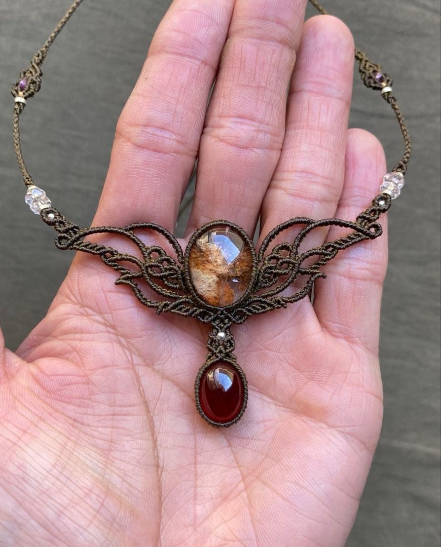 ガーデンクォーツ　ガーネット　マクラメネックレス