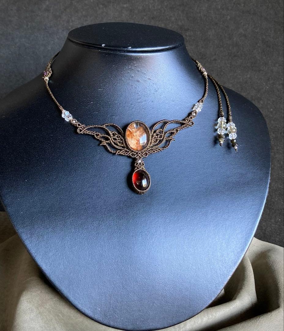 ガーデンクォーツ　ガーネット　マクラメネックレス