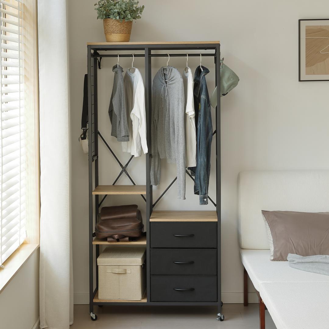 ハンガーラック 引き出し付きスリム 幅80ｘ奥行35cm タンス付き　BLACK