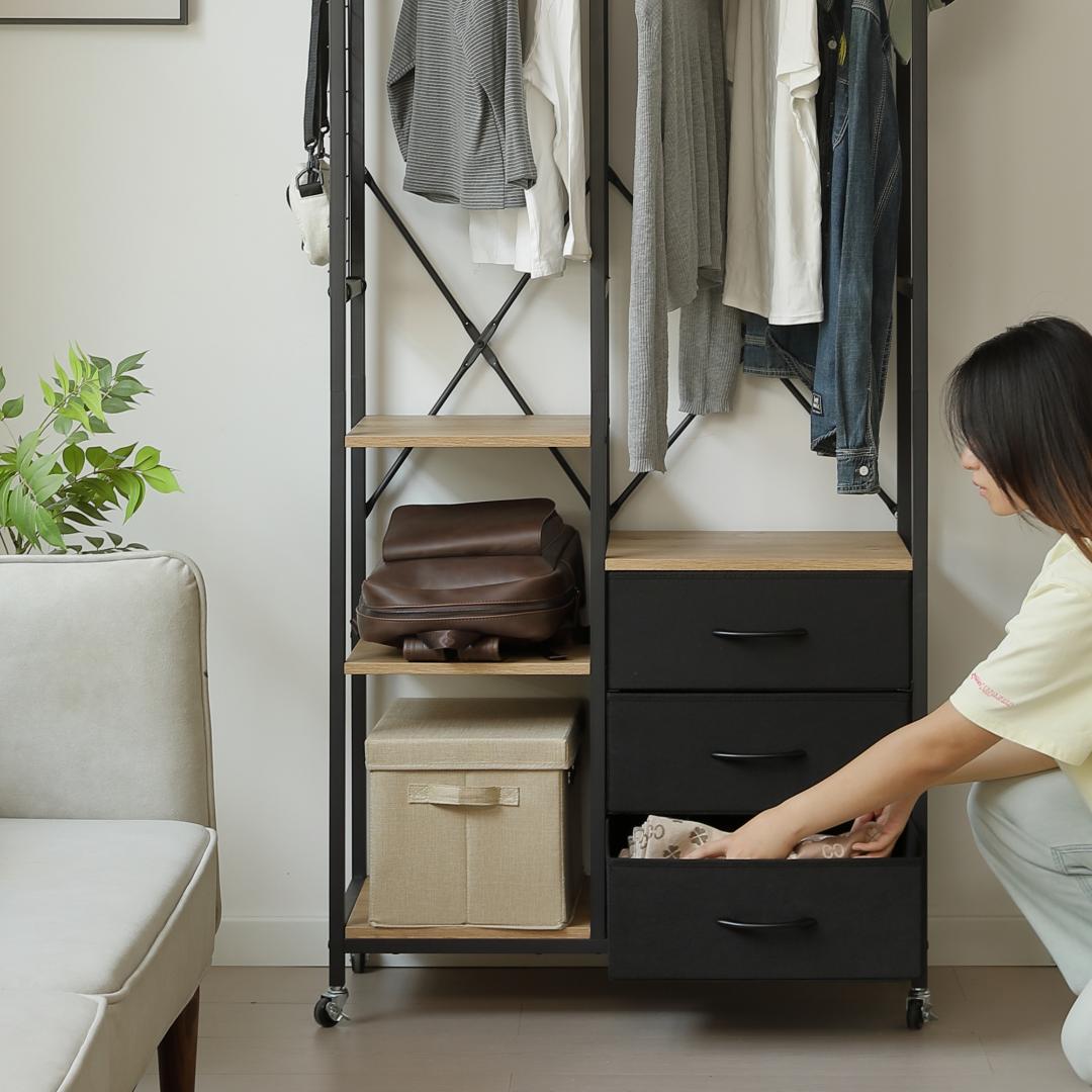 ハンガーラック 引き出し付きスリム 幅80ｘ奥行35cm タンス付き　BLACK