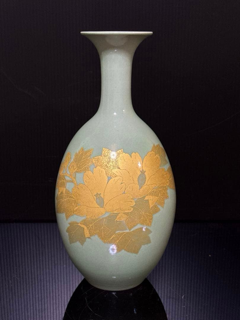 最上品 人間国宝 吉田美統 作 釉裏金彩 芙蓉文 花瓶 共桐箱 約26.2cm