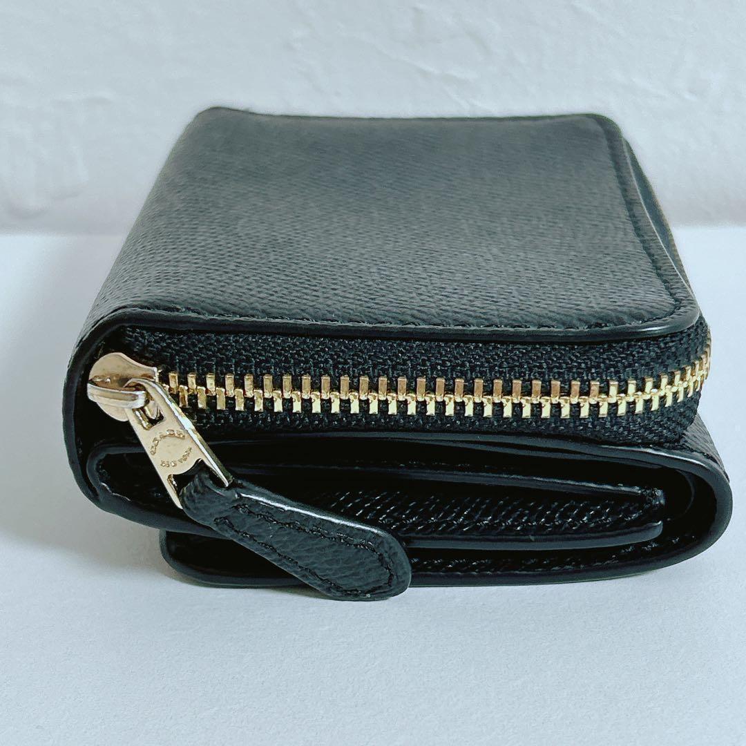 【極美品】COACH コーチ 三つ折り財布 黒 クロスグレインレザー