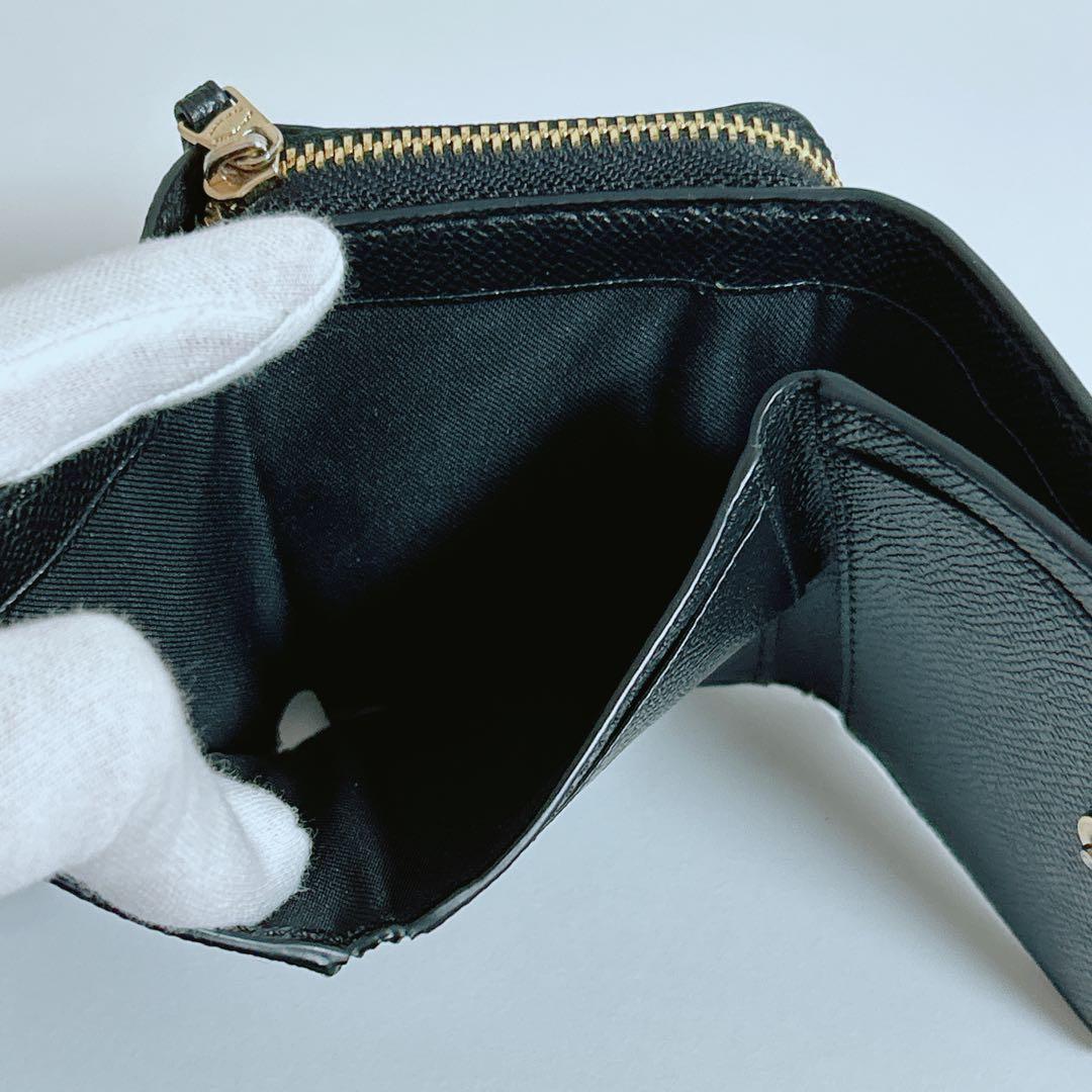 【極美品】COACH コーチ 三つ折り財布 黒 クロスグレインレザー