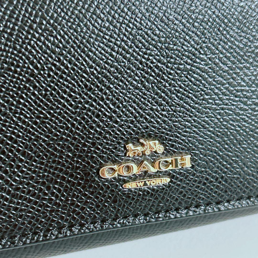【極美品】COACH コーチ 三つ折り財布 黒 クロスグレインレザー