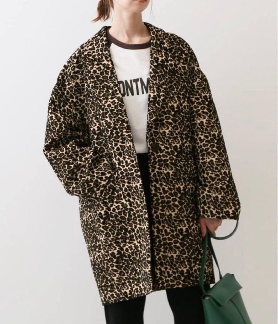 スローブイエナ　レオパードコート　豹柄　キルティング　ジャガード