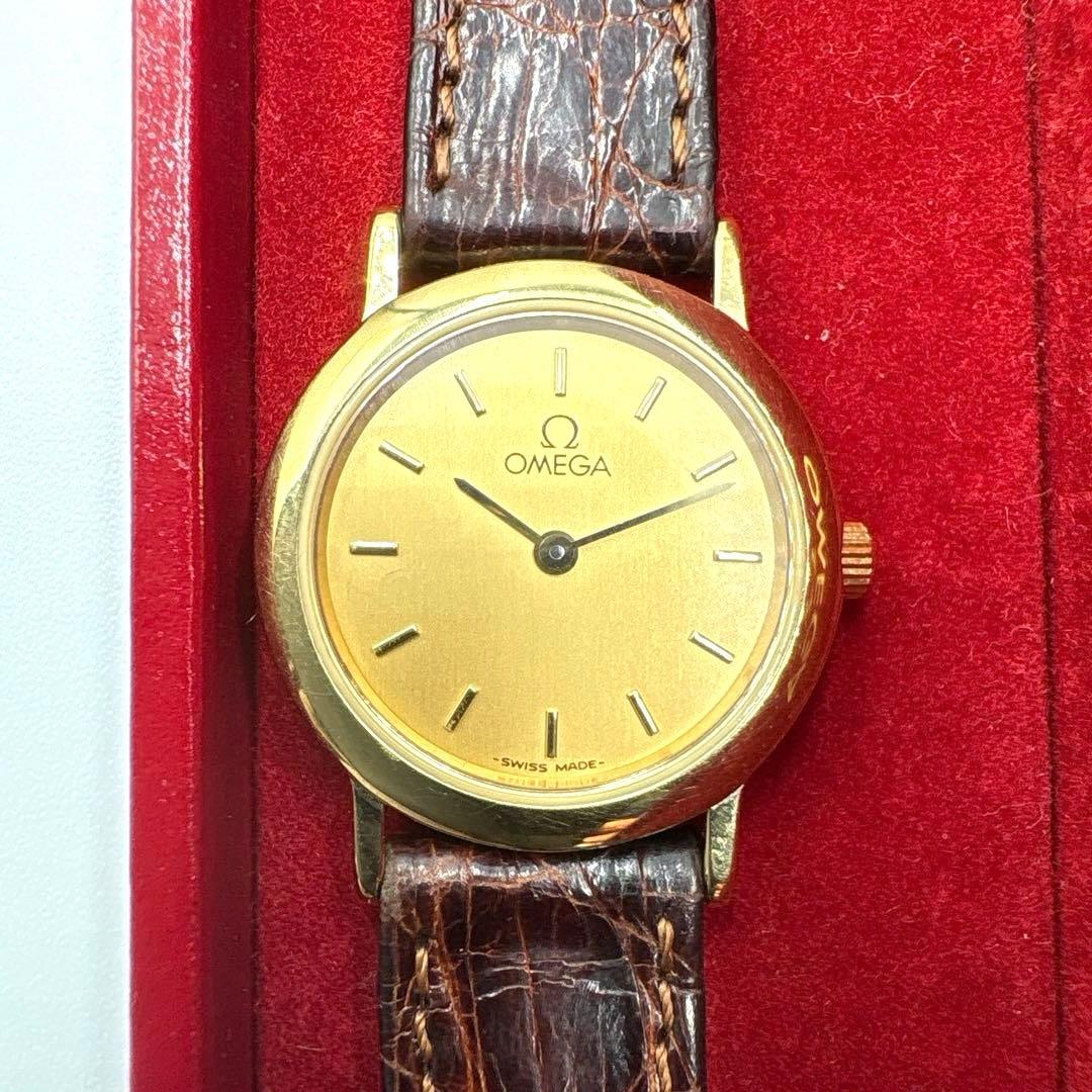 【外観美品】不動 OMEGA ゴールド クォーツ レディース 腕時計 箱付