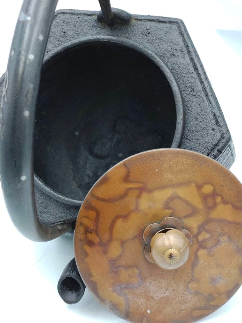 鉄瓶 六角形 草花梅絵図 取っ手 装飾有り