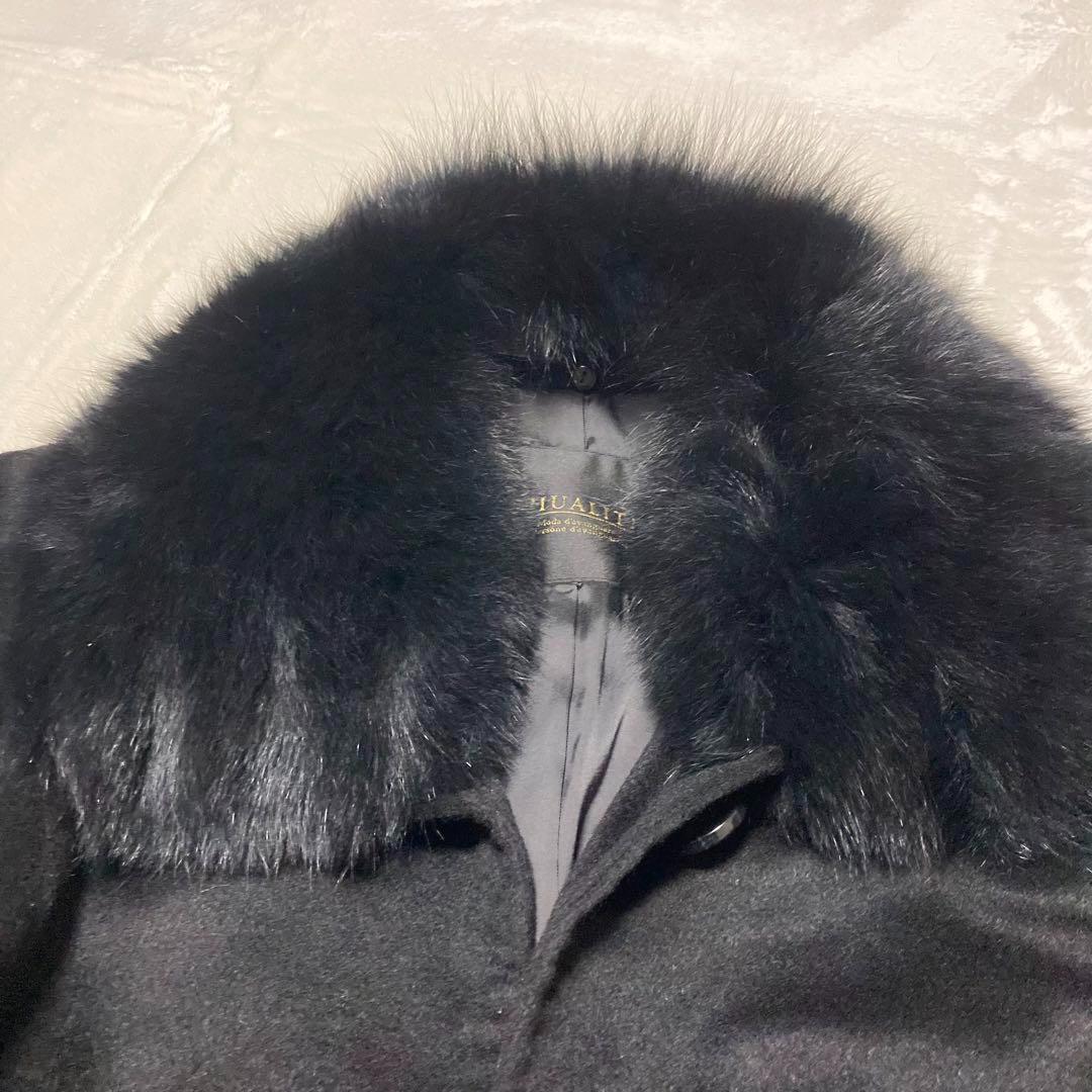 美品　高級　PIUALITE フォックスファー　カシミヤ100%コート　ブラック