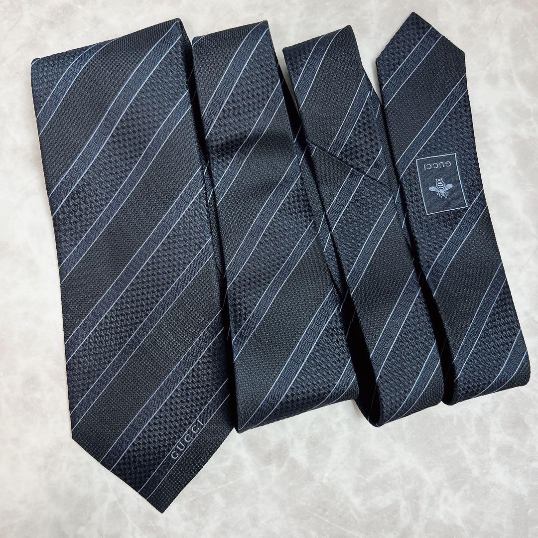 極美品✨ GUCCI ネクタイ ロゴ ストライプ ジャガード ネイビー 現行