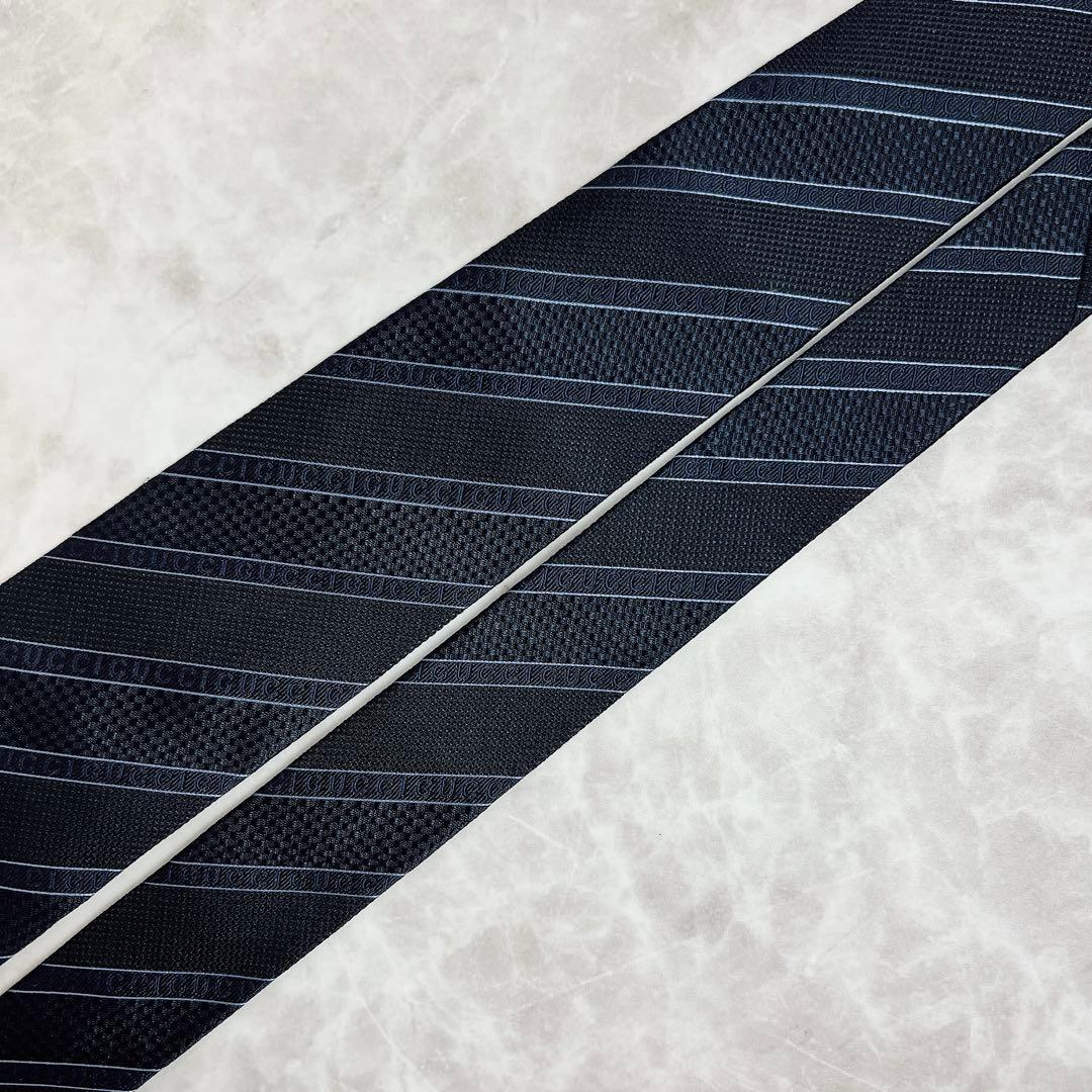 極美品✨ GUCCI ネクタイ ロゴ ストライプ ジャガード ネイビー 現行