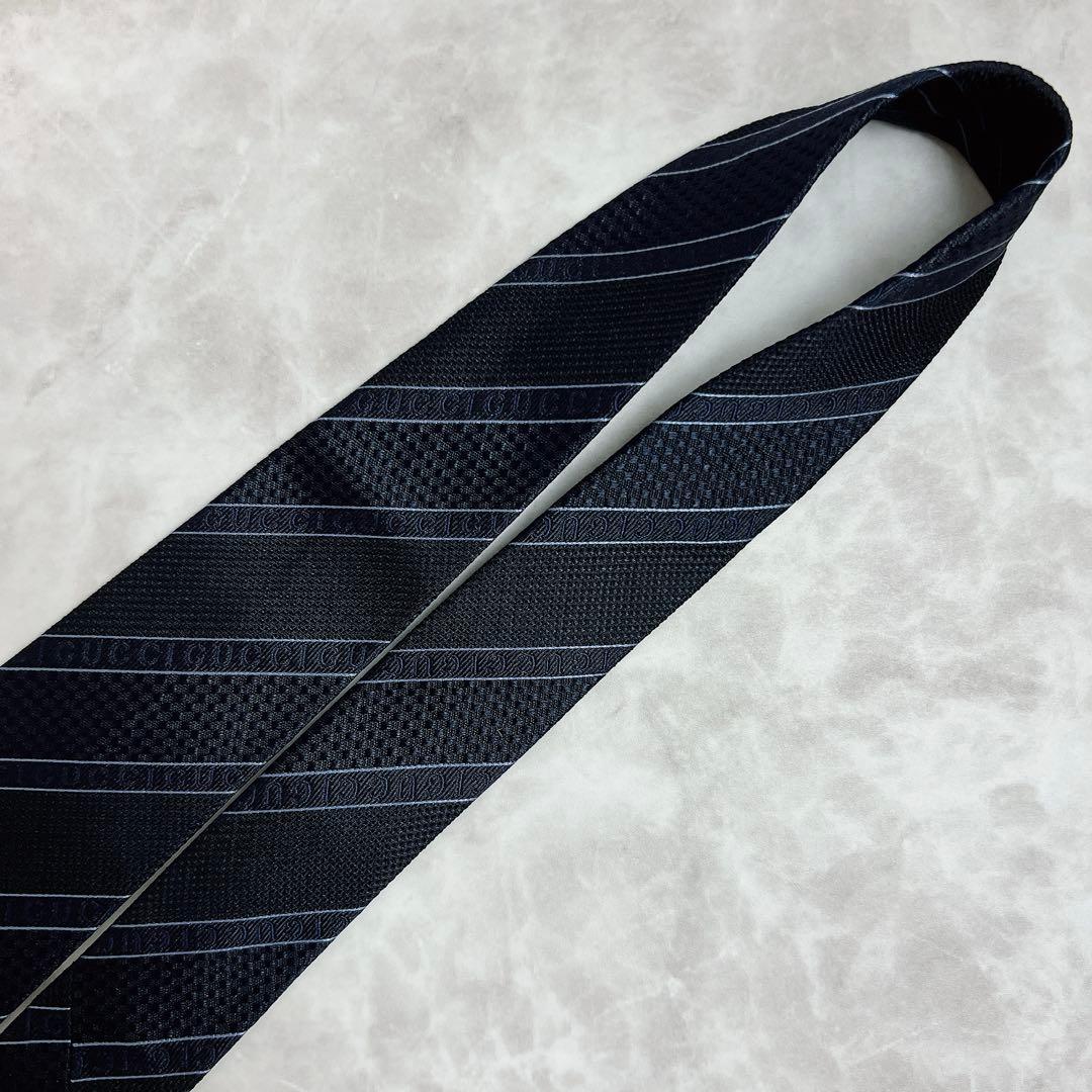 極美品✨ GUCCI ネクタイ ロゴ ストライプ ジャガード ネイビー 現行