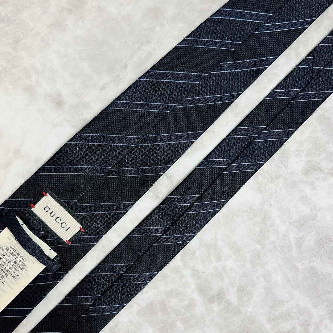 極美品✨ GUCCI ネクタイ ロゴ ストライプ ジャガード ネイビー 現行