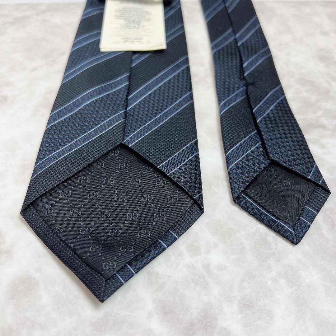 極美品✨ GUCCI ネクタイ ロゴ ストライプ ジャガード ネイビー 現行