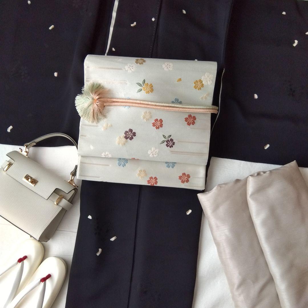 ◆未使用美品◆袋帯 桜ドロップ グレージュ 銀泊 正絹 訪問着 小紋 お花見