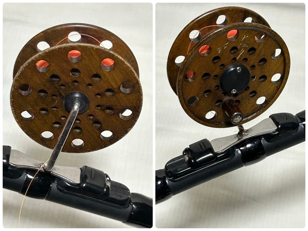 【良品】宇崎日新　NISSIN　釣竿　黒鯛・チヌ用　天然木リール　糸　取説有り