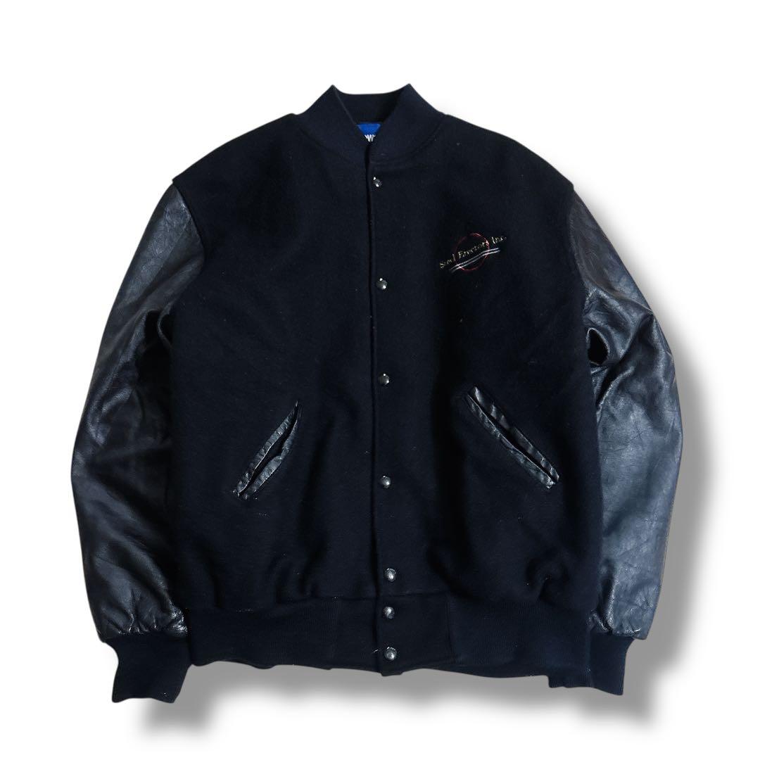 Holloway USA製 袖レザー スタジャン 黒 XL 企業 刺繍 ブラック