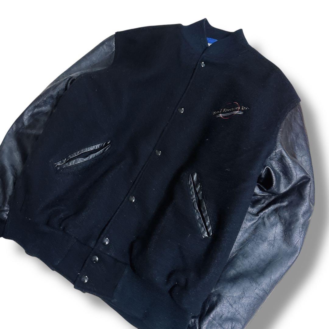 Holloway USA製 袖レザー スタジャン 黒 XL 企業 刺繍 ブラック