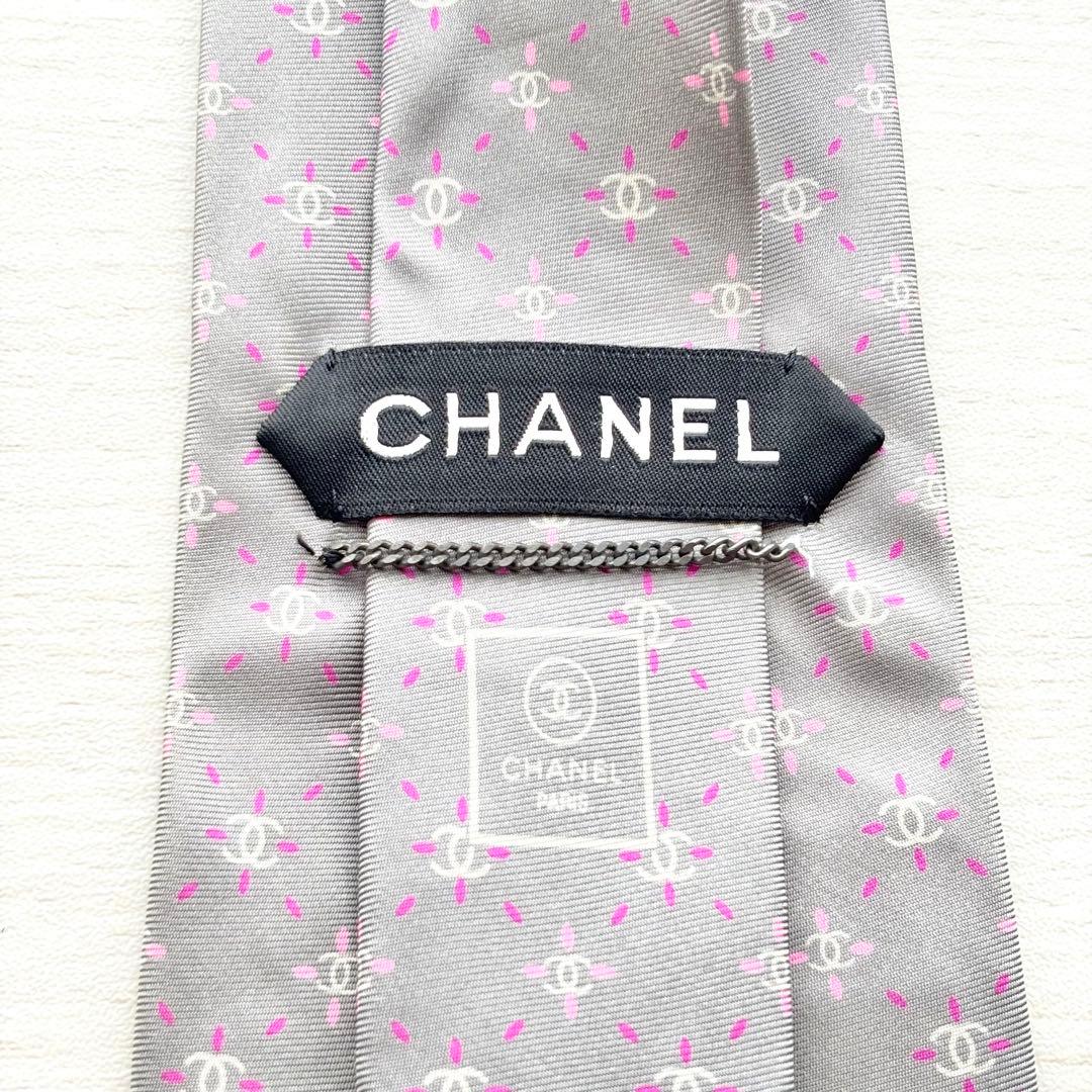 CHANEL シャネル CC ココマーク 花柄 シルク ネクタイ グレー