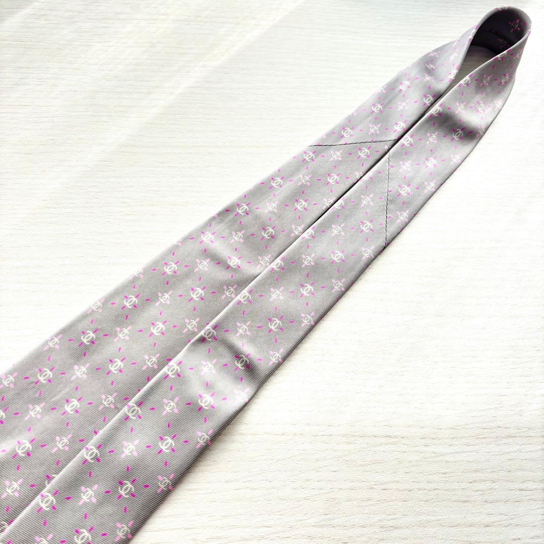 CHANEL シャネル CC ココマーク 花柄 シルク ネクタイ グレー