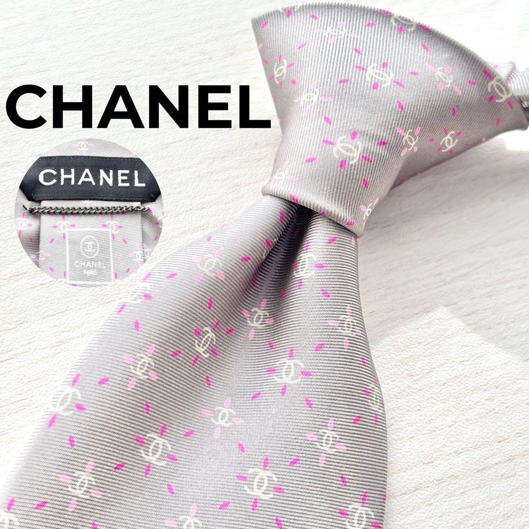 CHANEL シャネル CC ココマーク 花柄 シルク ネクタイ グレー