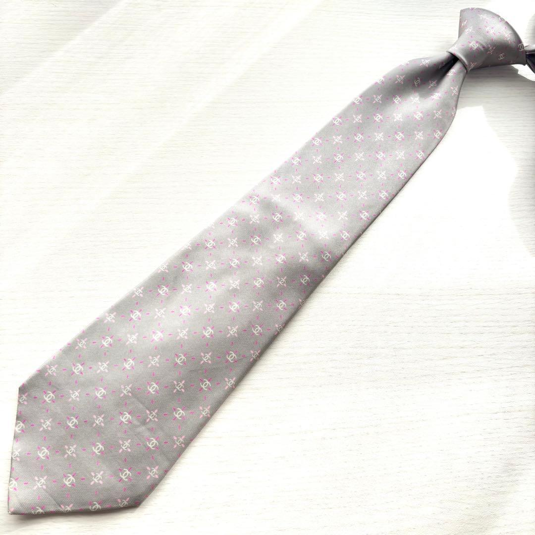 CHANEL シャネル CC ココマーク 花柄 シルク ネクタイ グレー