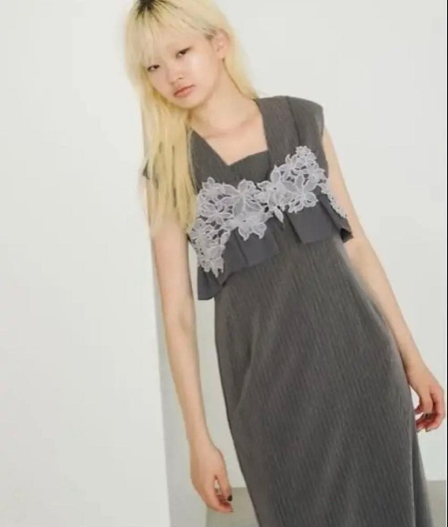 cheeel★グレー レース装飾 ロングドレス