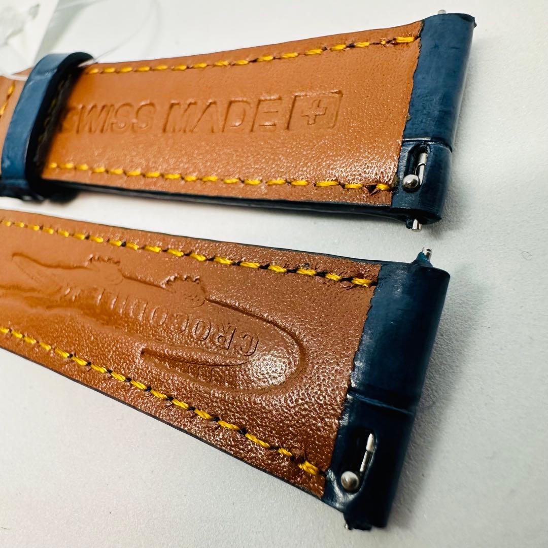 3079#20mm-18mmダークブルー★本物クロコダイルレザーベルト★スイス製