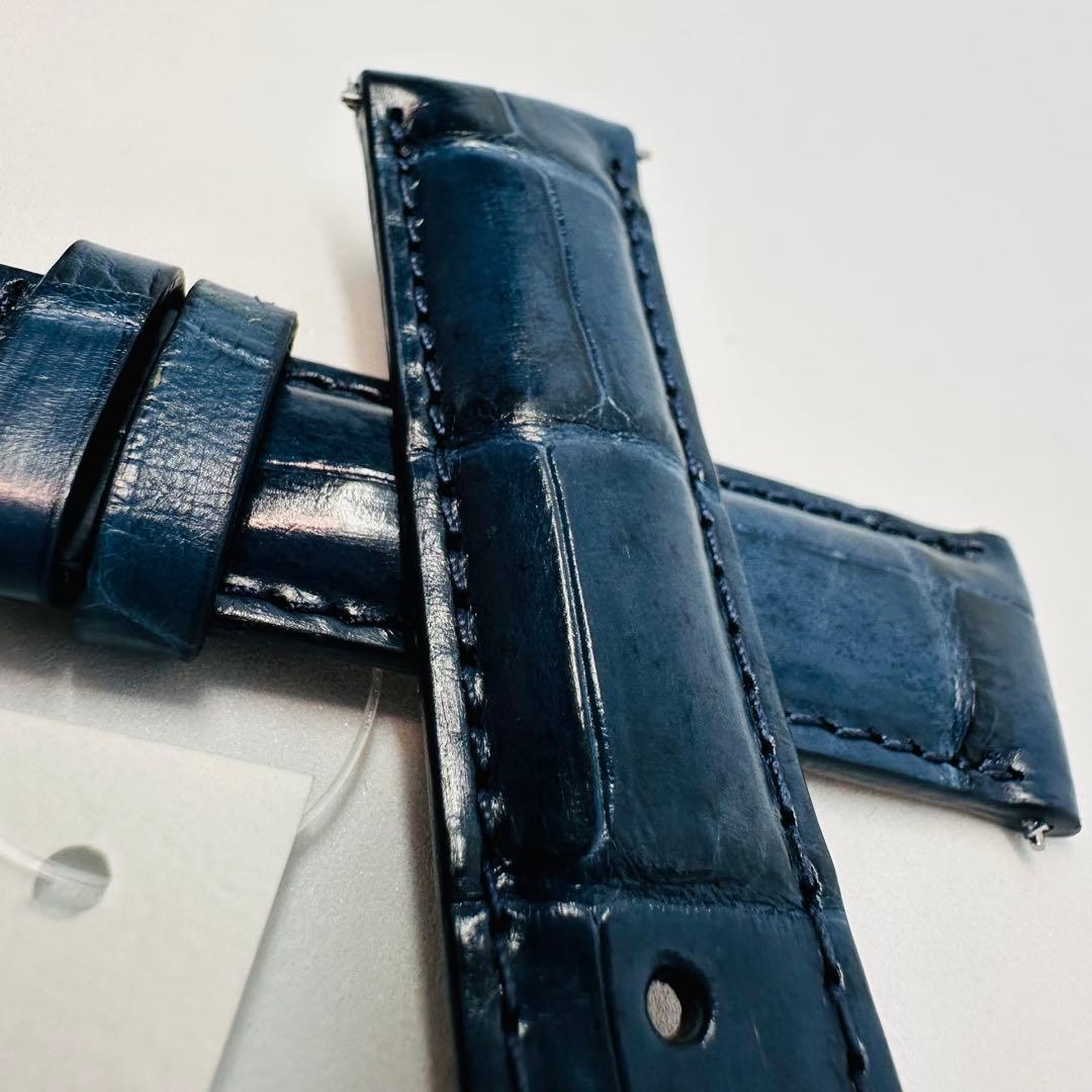 3079#20mm-18mmダークブルー★本物クロコダイルレザーベルト★スイス製