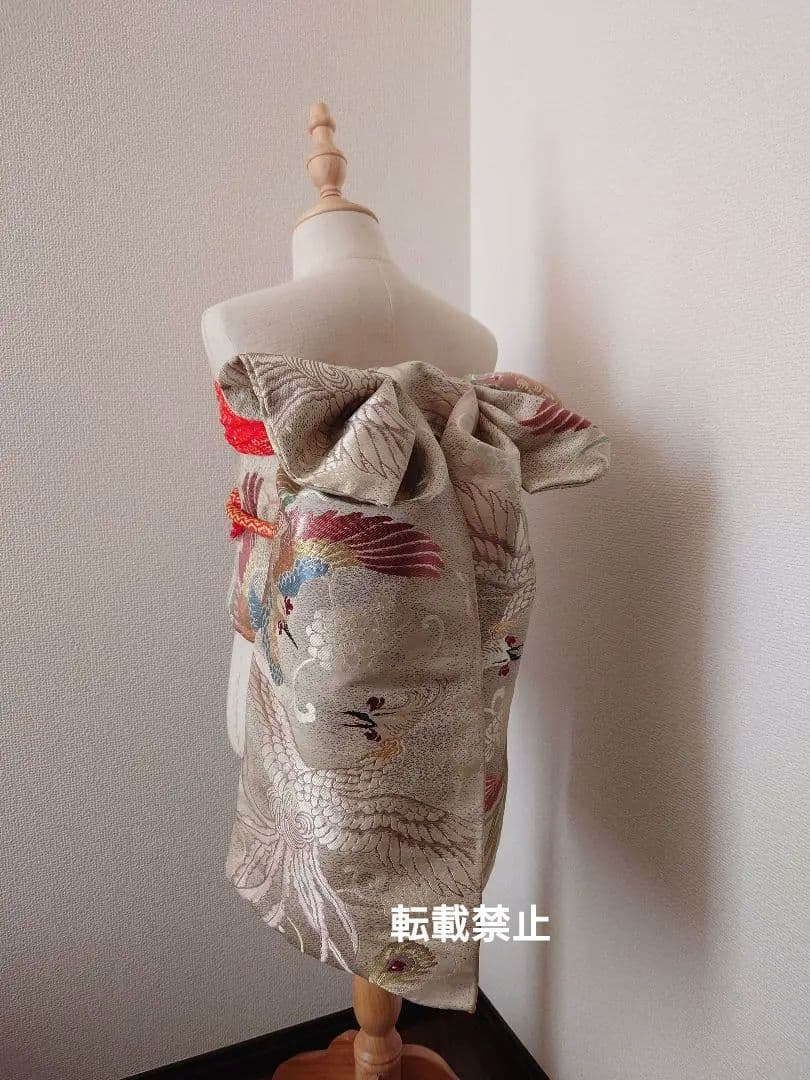 正絹袋帯からの作り帯　アンティーク　七五三ジュニア帯　鶴　だらり帯　一点物