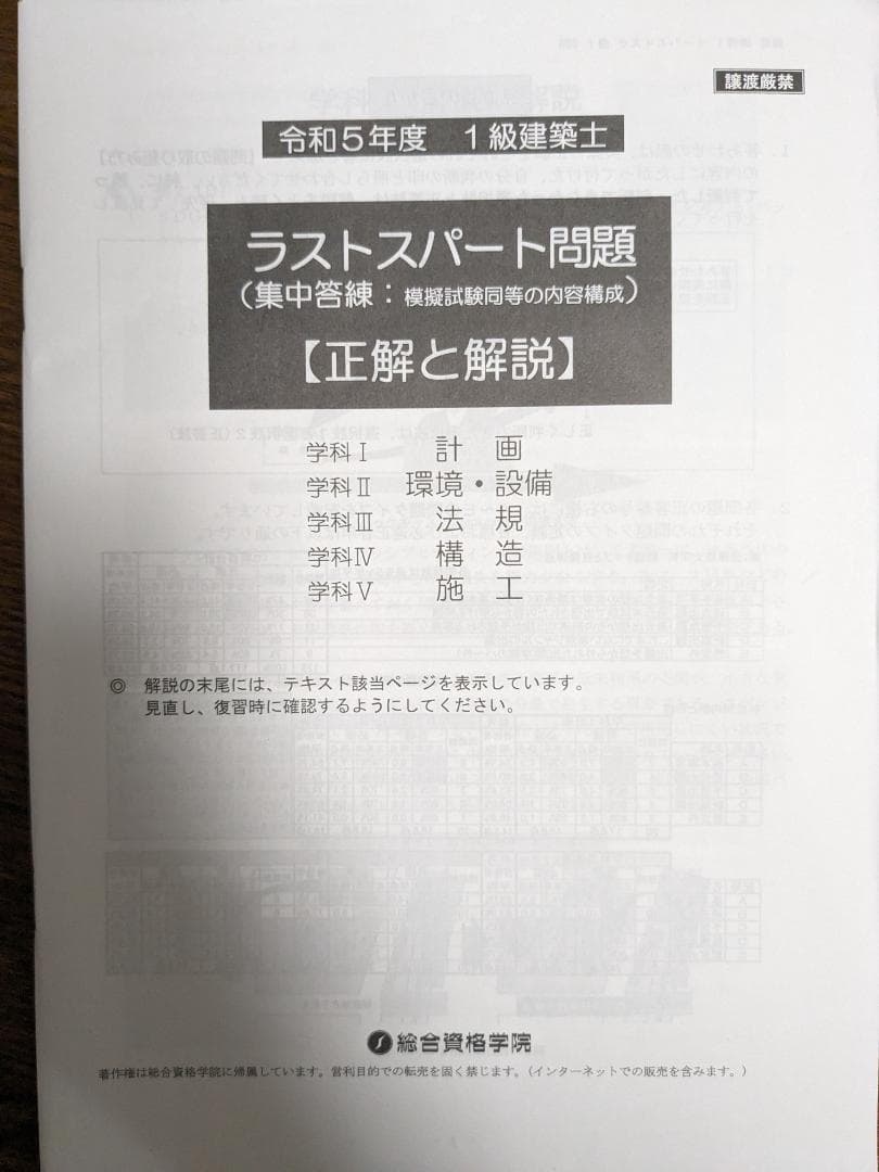 令和5年度 1級建築士 総合資格 テキスト 問題集 法令集 建築作品集 模試 ＋