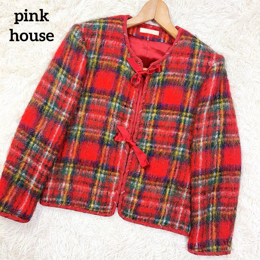 pinkhouse archives モヘアシャギーチェックジャケット　リボン