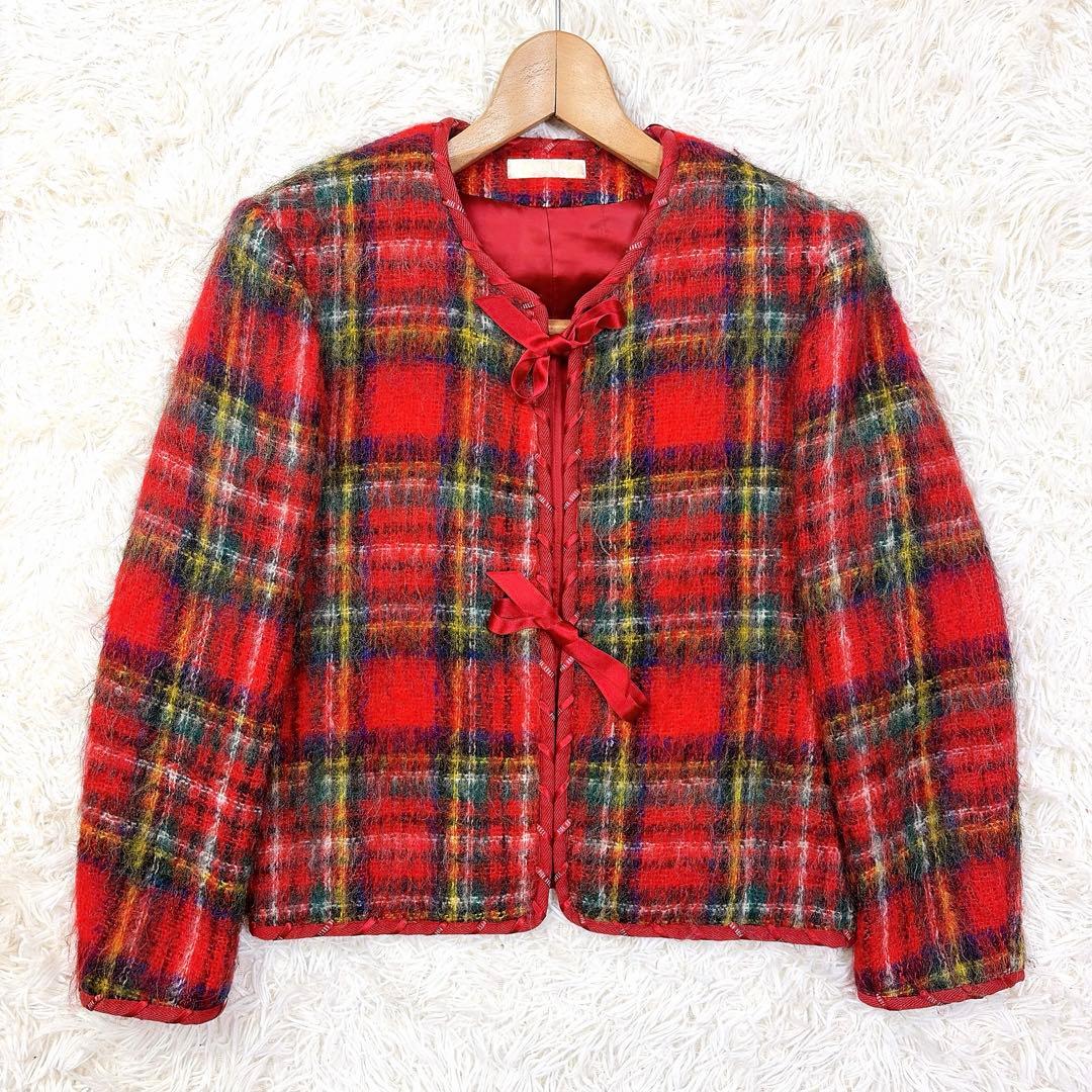 pinkhouse archives モヘアシャギーチェックジャケット　リボン