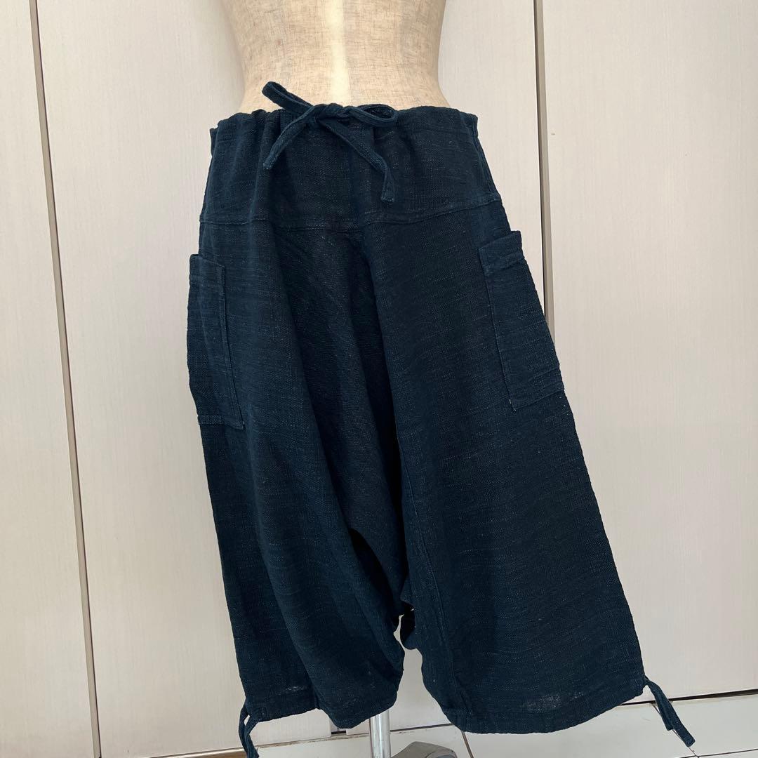 うさとの服 USATO ショート丈 ムササビ パンツ 黒 藍染め 麻