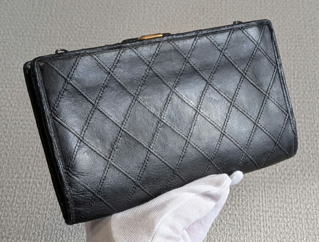 シャネル　ビコローレ　がま口長財布　黒　ラムスキン　チェーンウォレット