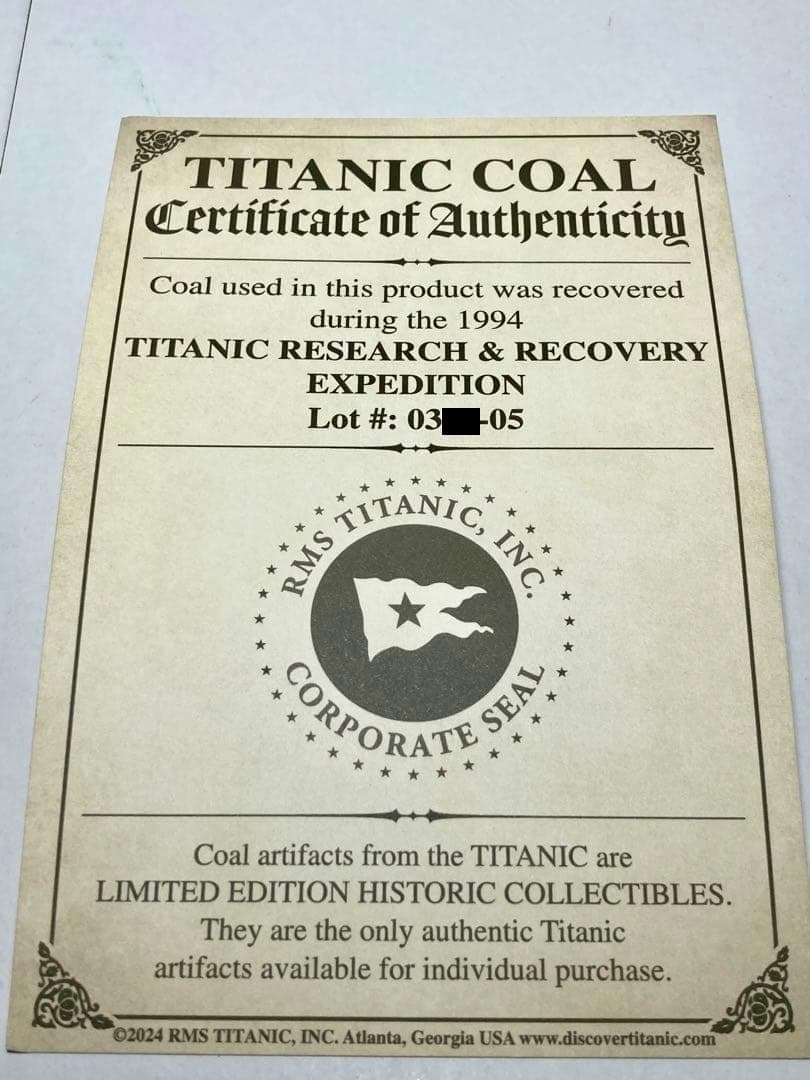 【超希少】タイタニック号の石炭｜RMS Titanic社公式販売アイテム
