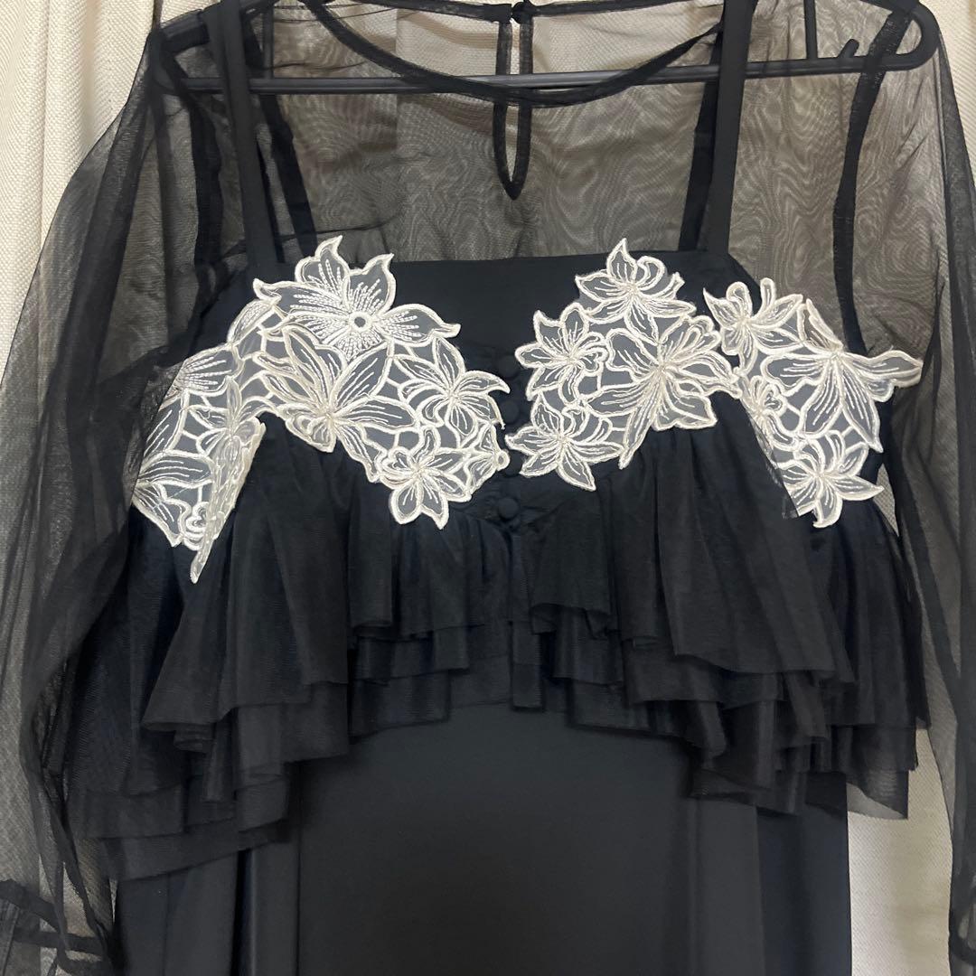 シースルーフリルドレス 黒　結婚式　お呼ばれドレス