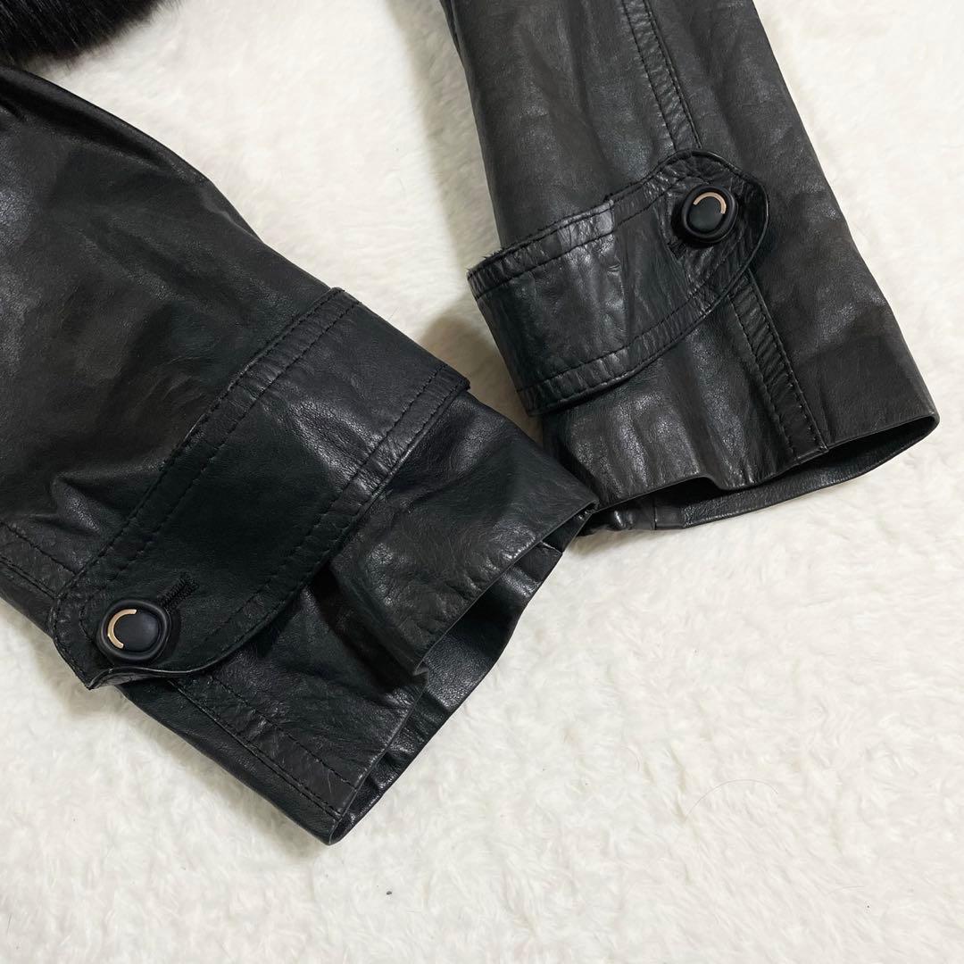 着丈112cm フォックス レザー ロングコート ベルト レディース ブラック