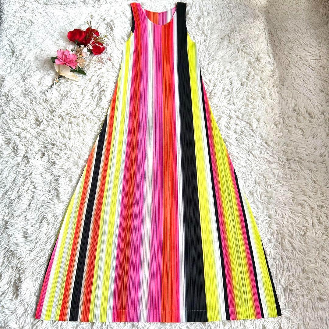 【美品】プリーツプリーズ Aライン ストライプ マキシ丈 ワンピース 5