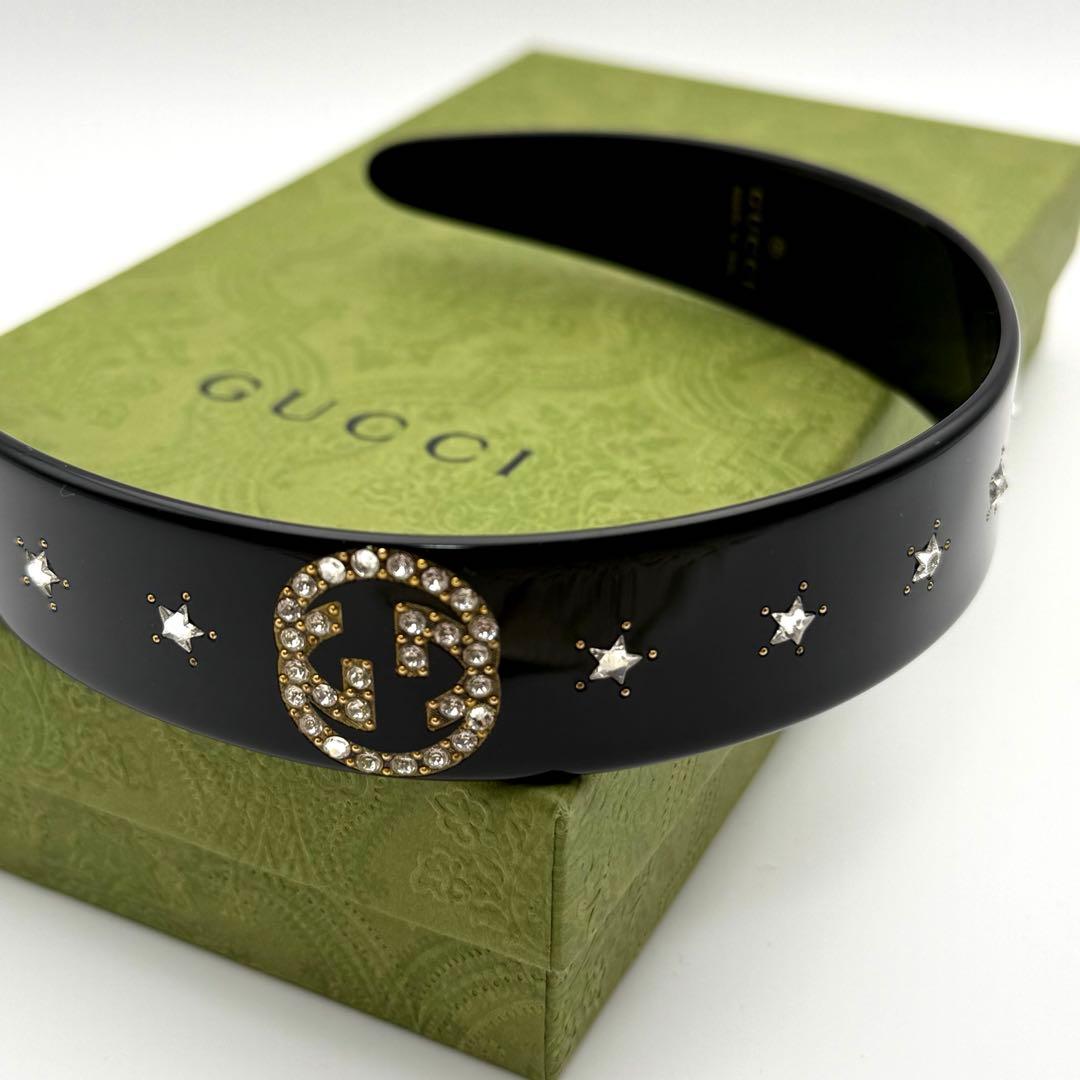 美品✨グッチ カチューシャ ヘアバンド クリスタル インターロッキングG 黒