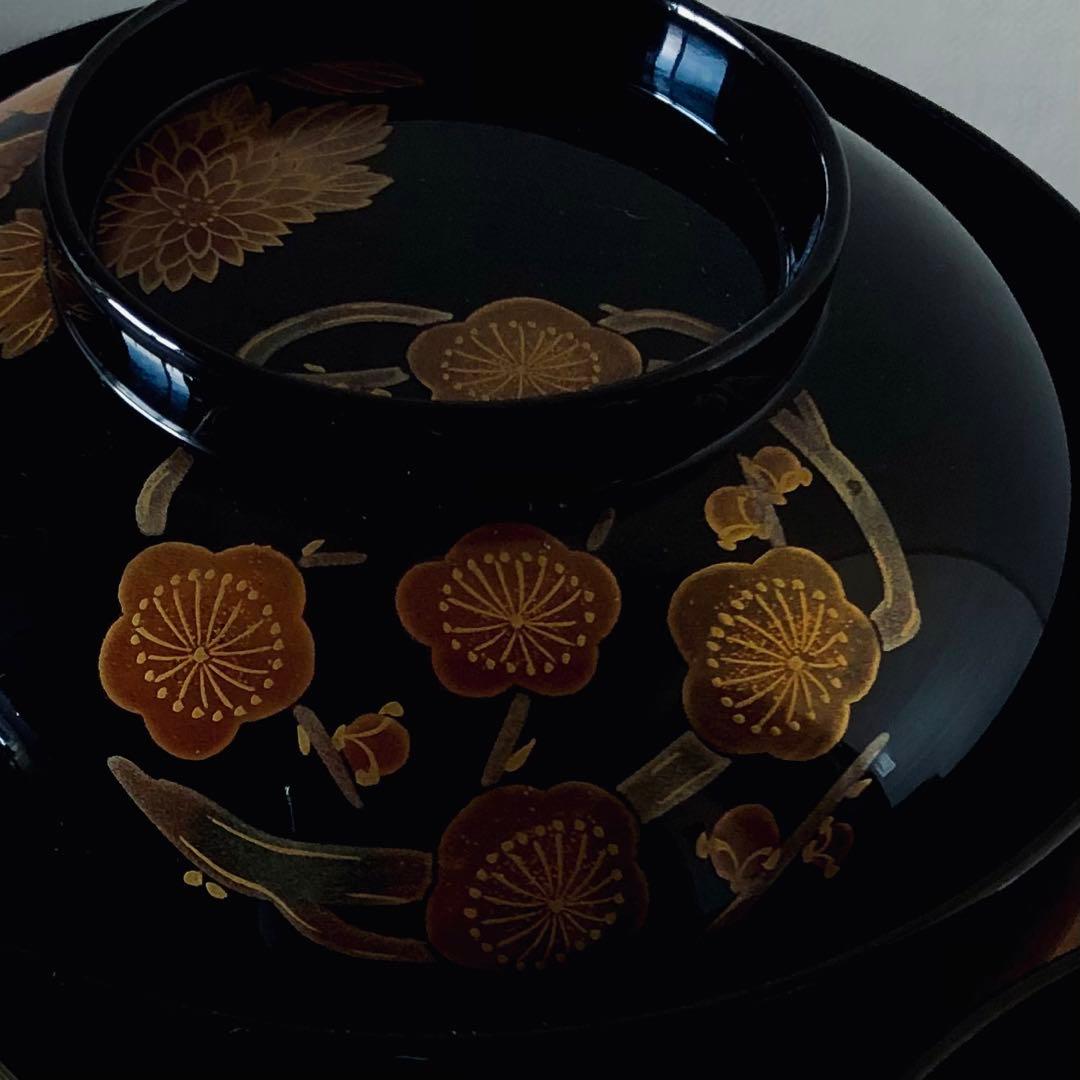 輪島塗 四君子丸紋蒔絵 蓋付き煮物椀 2客