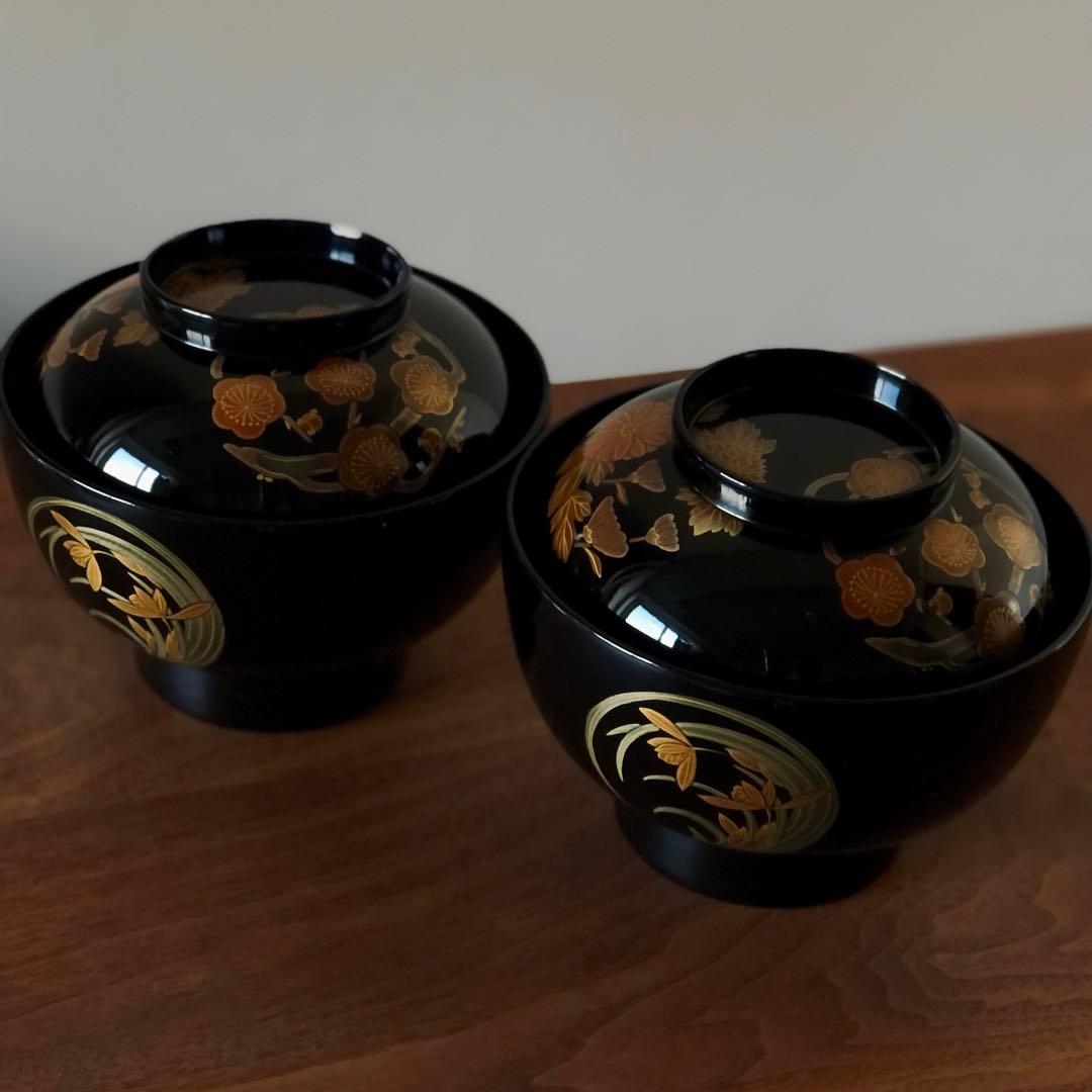 輪島塗 四君子丸紋蒔絵 蓋付き煮物椀 2客