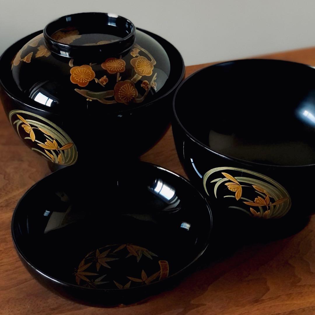 輪島塗 四君子丸紋蒔絵 蓋付き煮物椀 2客