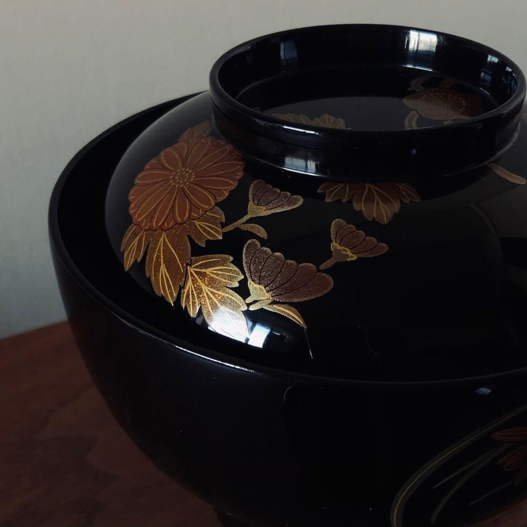 輪島塗 四君子丸紋蒔絵 蓋付き煮物椀 2客