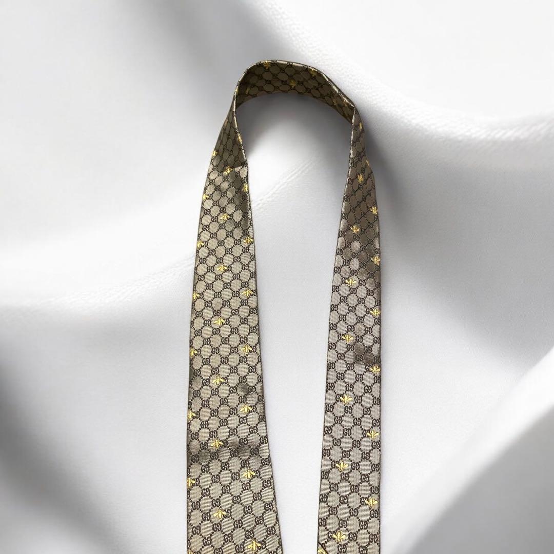 【美品】GUCCI グッチ　ネクタイ　ブラウン　bee　蜂　GG　タグ付　茶色