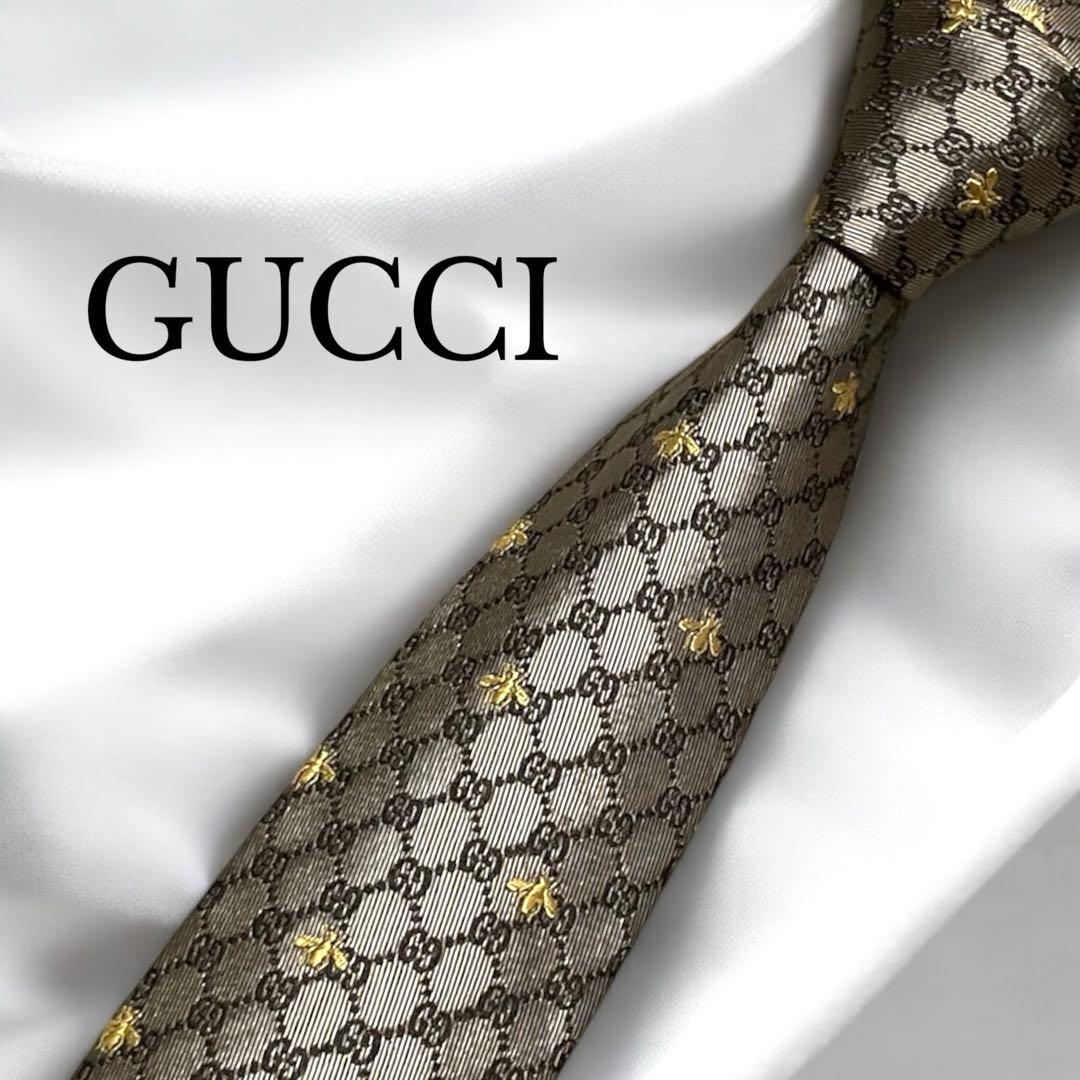 【美品】GUCCI グッチ　ネクタイ　ブラウン　bee　蜂　GG　タグ付　茶色