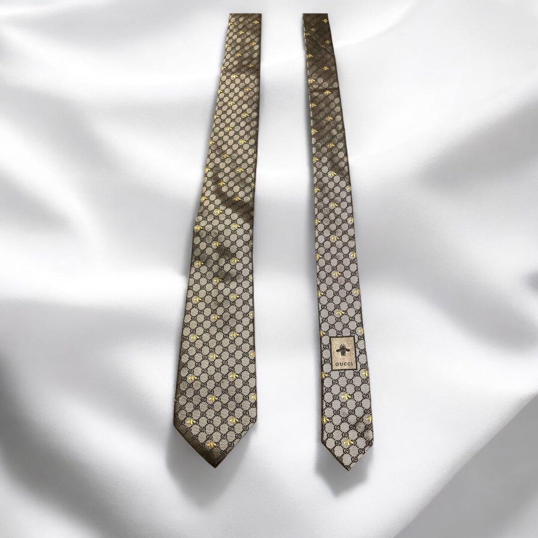 【美品】GUCCI グッチ　ネクタイ　ブラウン　bee　蜂　GG　タグ付　茶色