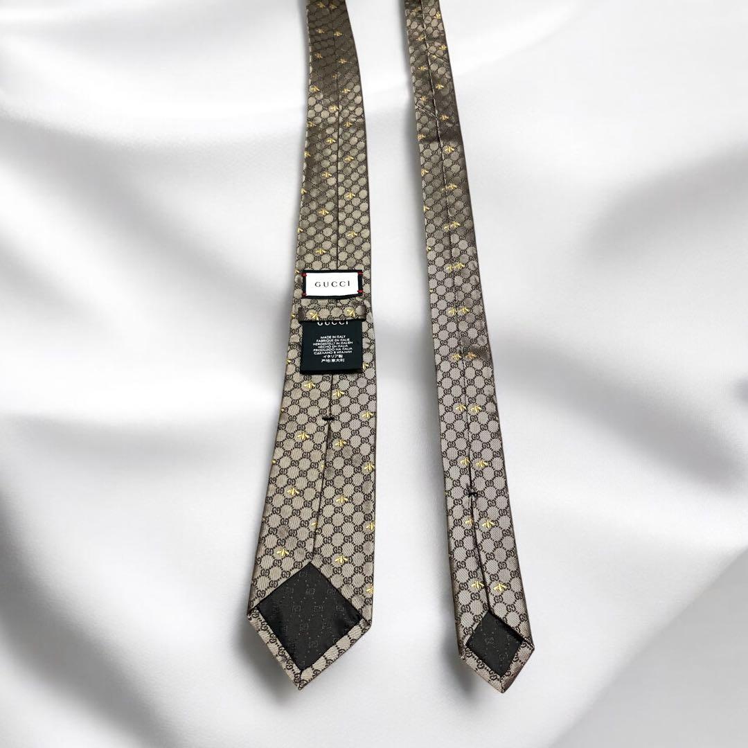【美品】GUCCI グッチ　ネクタイ　ブラウン　bee　蜂　GG　タグ付　茶色