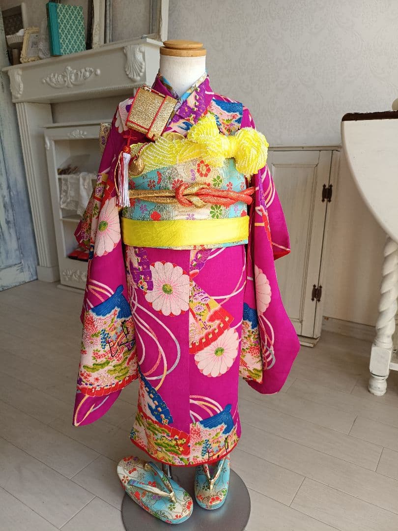 専用です☆アンティークマゼンダピンクの着物とブルーの作り帯☆七五三3歳
